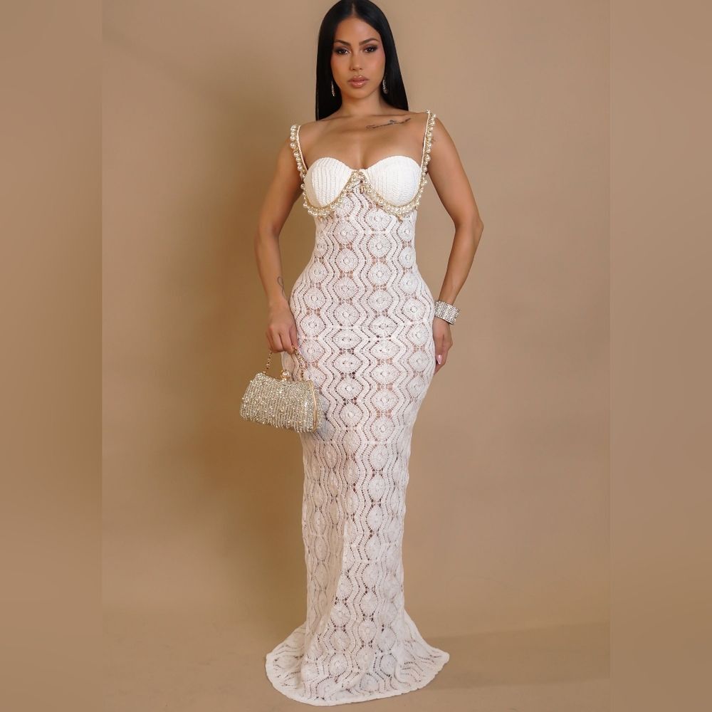 Exquisite Oceana Glow & Pearls Crochet Beachside Maxi Dress- White